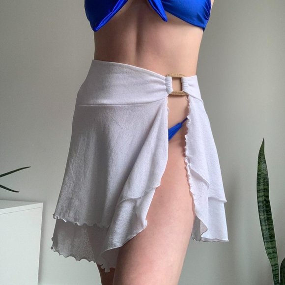 White Mini Skirt Bikini Coverup with Lettuce Hem - Picture 2 of 4